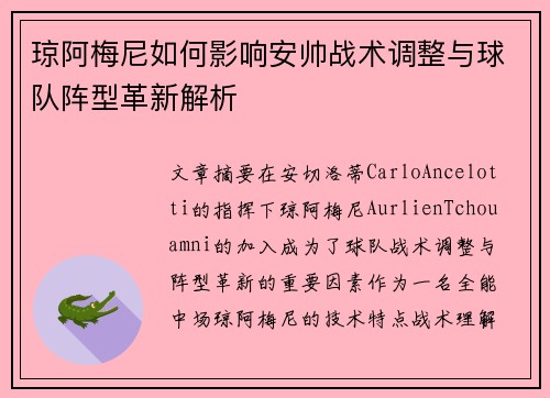琼阿梅尼如何影响安帅战术调整与球队阵型革新解析